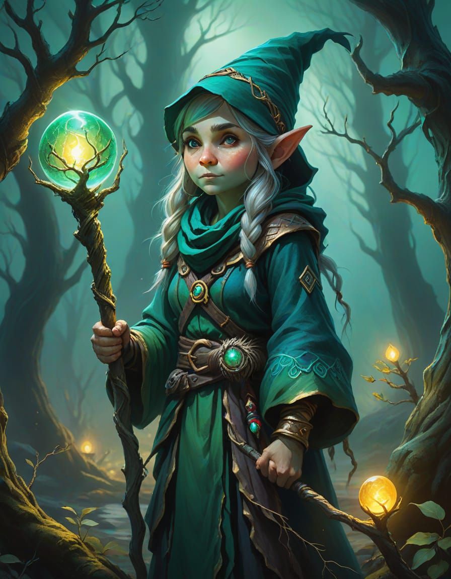 Gnome Mage with Emerald Orb: Fantasy Oil Painting