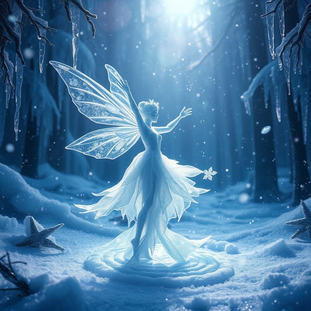 Ice Fairy Dances in Crystalline Frozen Forest