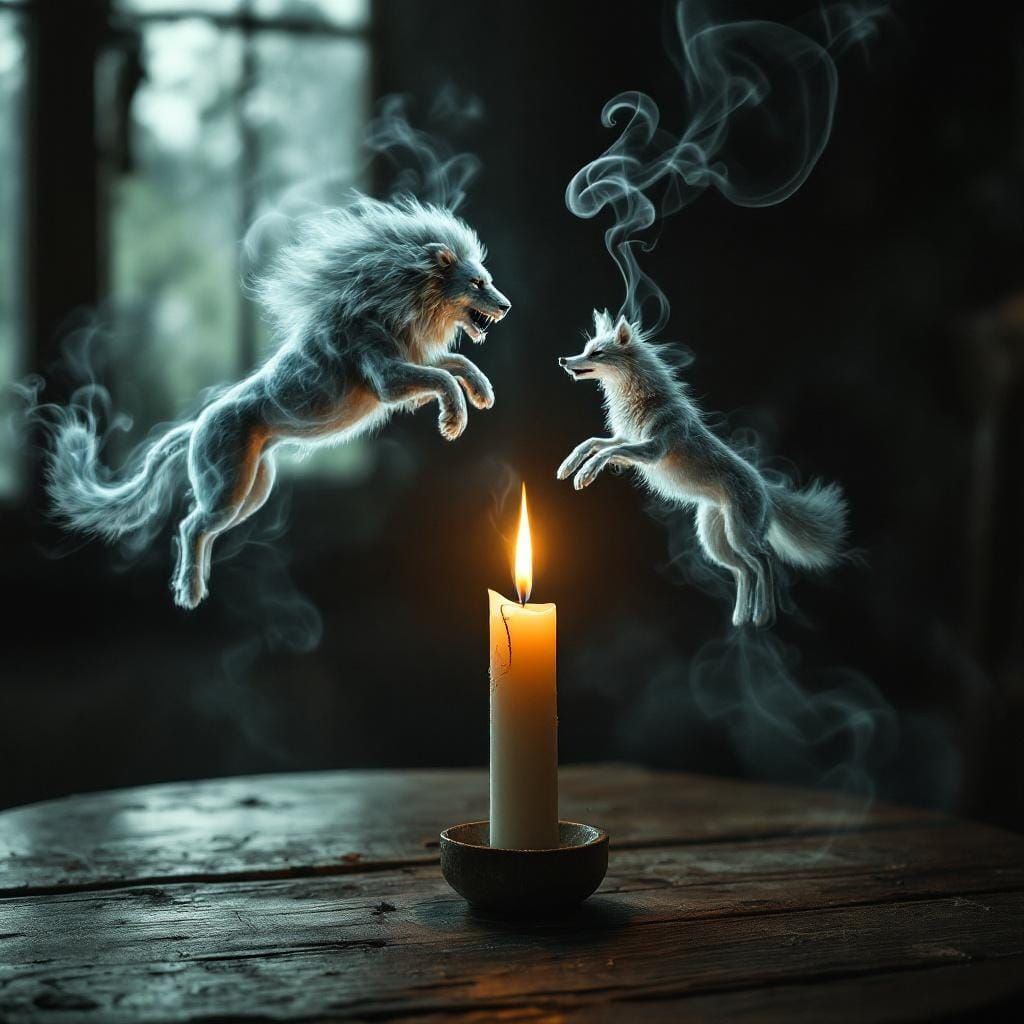 Candle Smoke Forms Spectral Lion and Fox