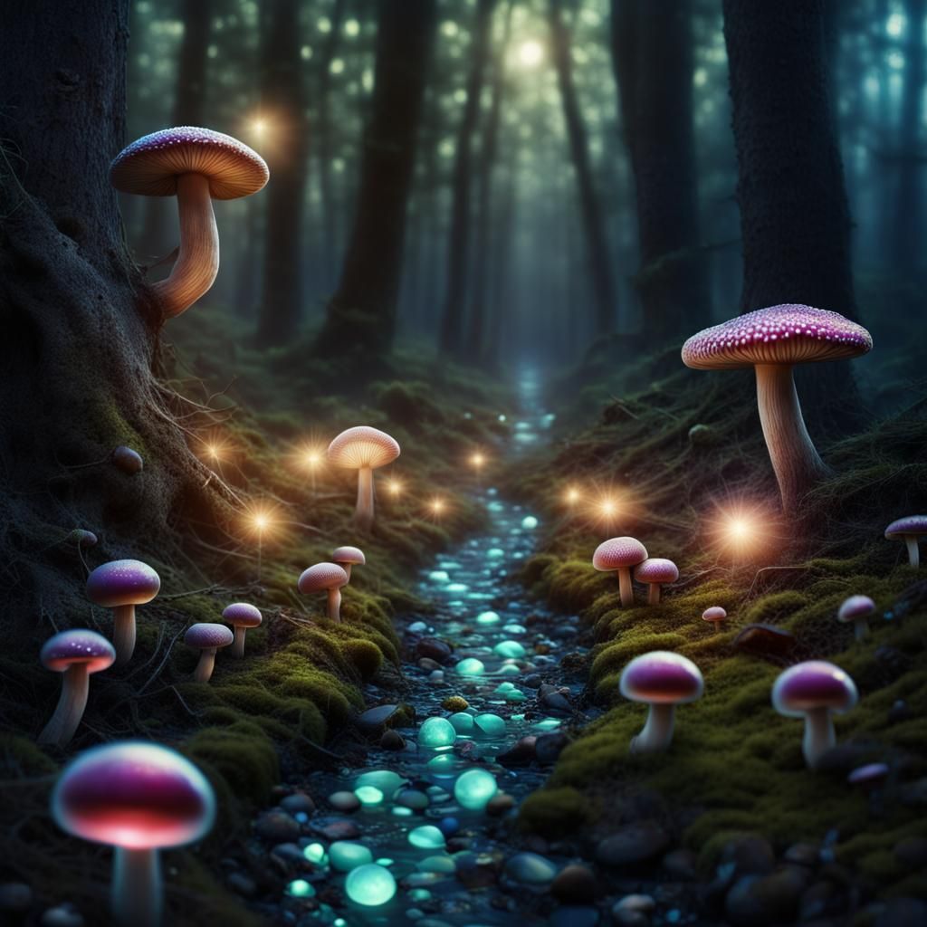 Iridescent Mushrooms Light Grim Dark Forest Path
