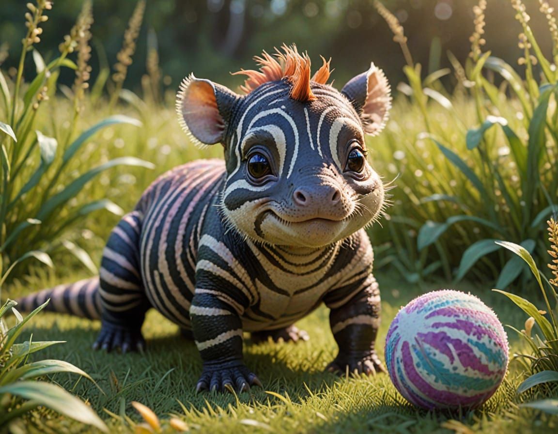 Whimsical Fantasy Creature Plays in a Vibrant Meadow