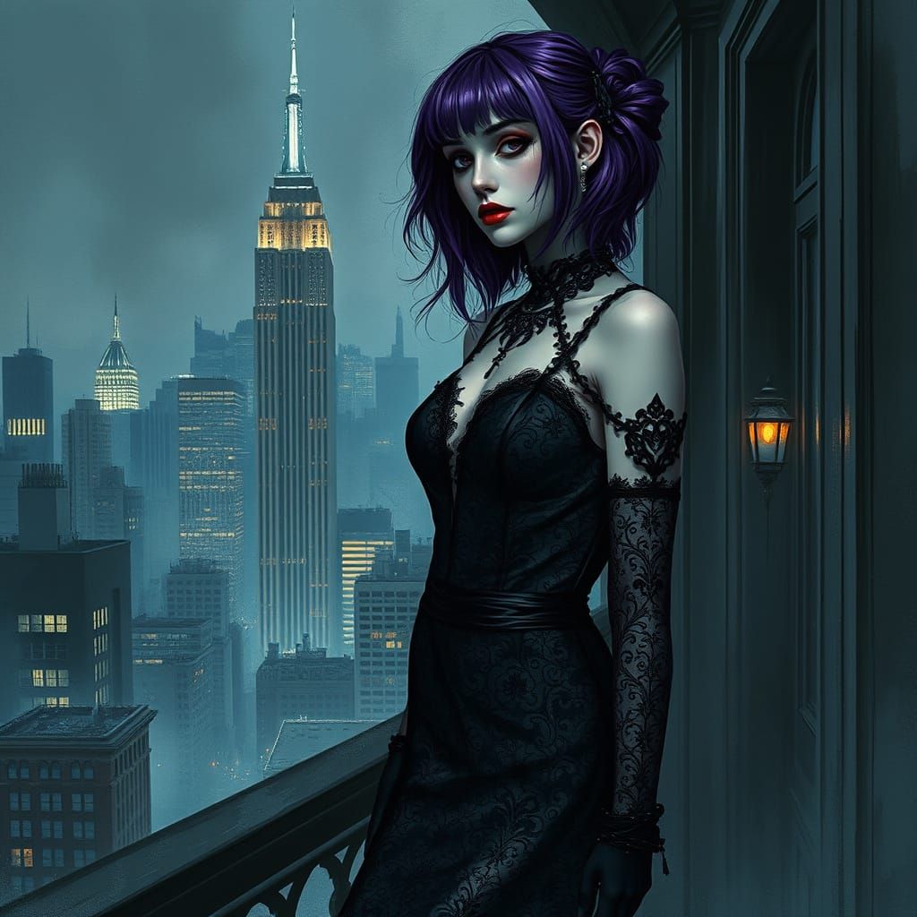 Goth Woman in Art Deco Penthouse, Dark Fantasy Digital Paint...