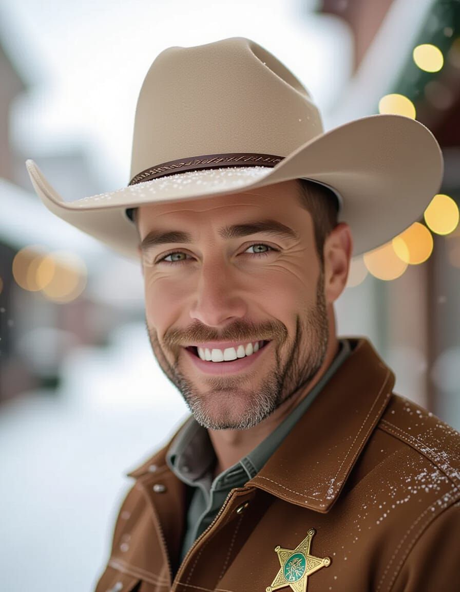 Happy Small Town Sheriff in Cowboy Hat at Christmastime