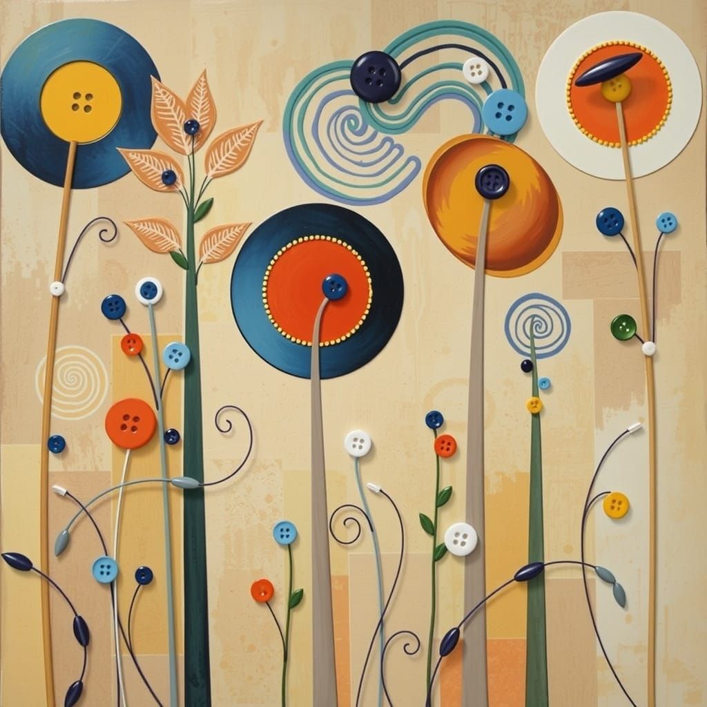 Vibrant Kandinsky-Inspired Floral Scene with Whirling Button...