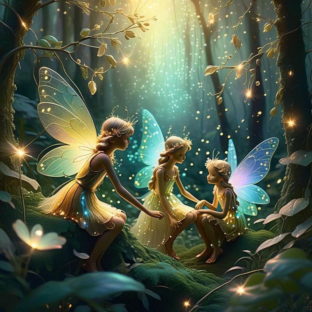 Enchanted Forest Gathering of Fairies in Oil Painting Style