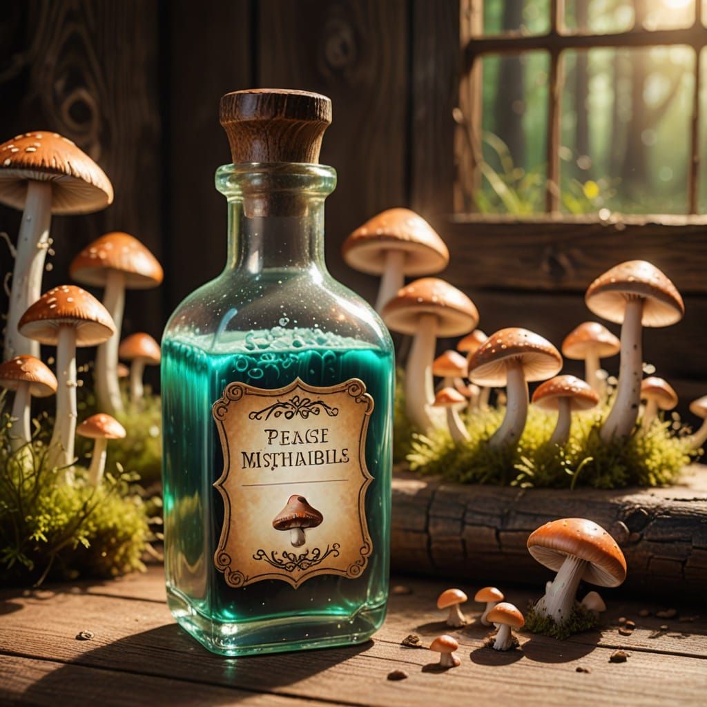 Invisibility Potion with Glowing Mushrooms, Whimsical Art