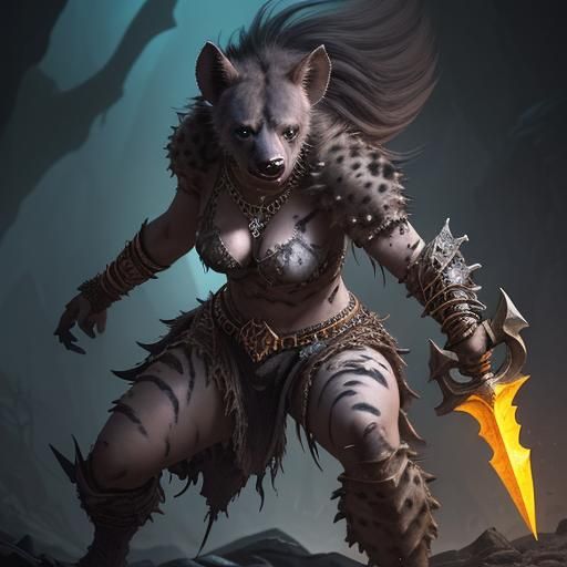 Female Gnoll Barbarian in Cave, Hyperrealistic Art