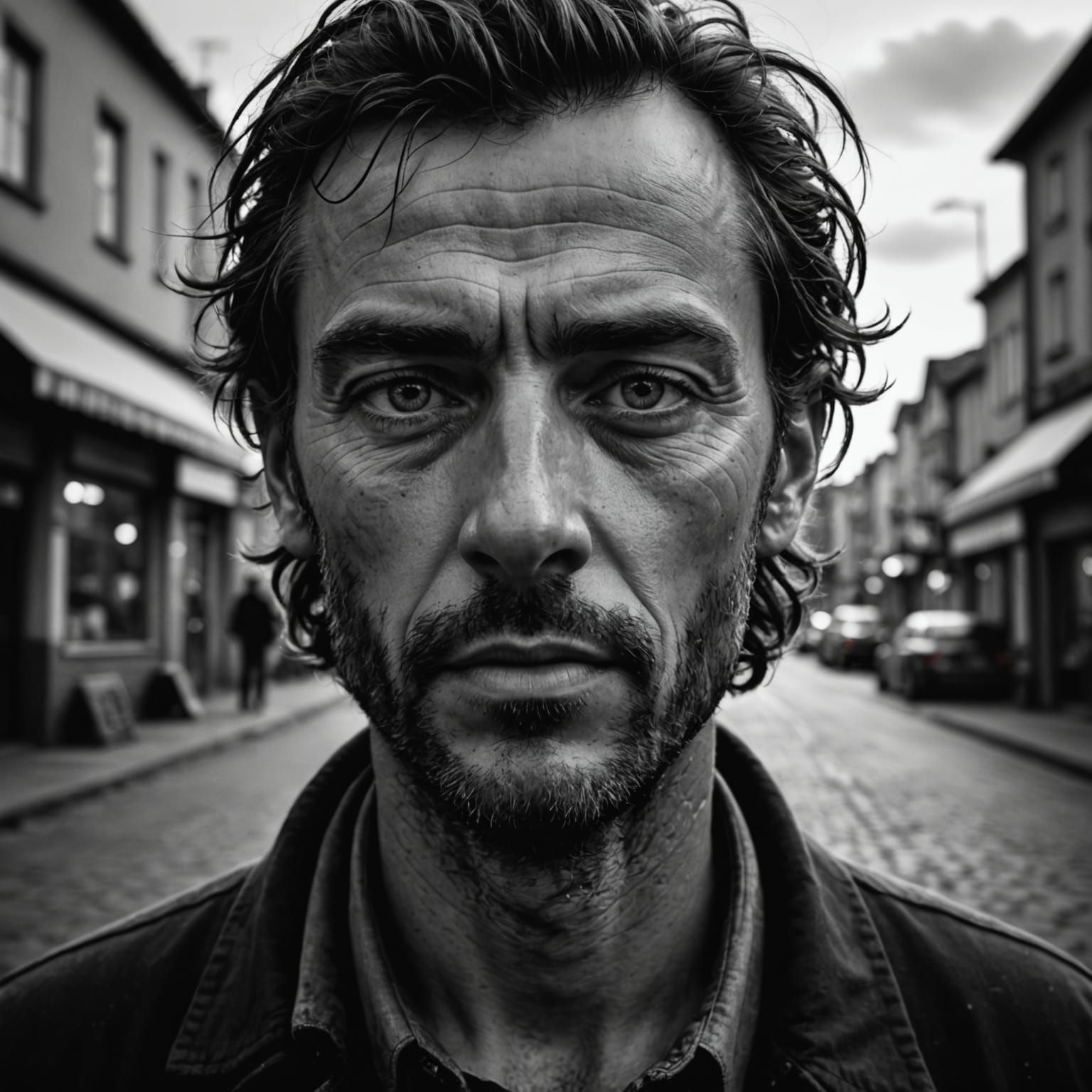 Black and White Portrait of a Solitary Figure in a Town