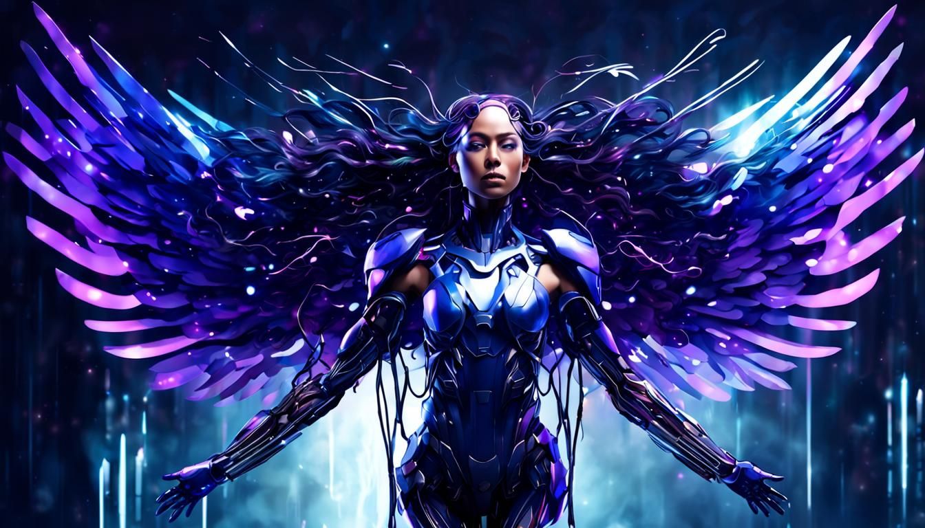 Cyborg Angel with Metal Wings in Futuristic Style