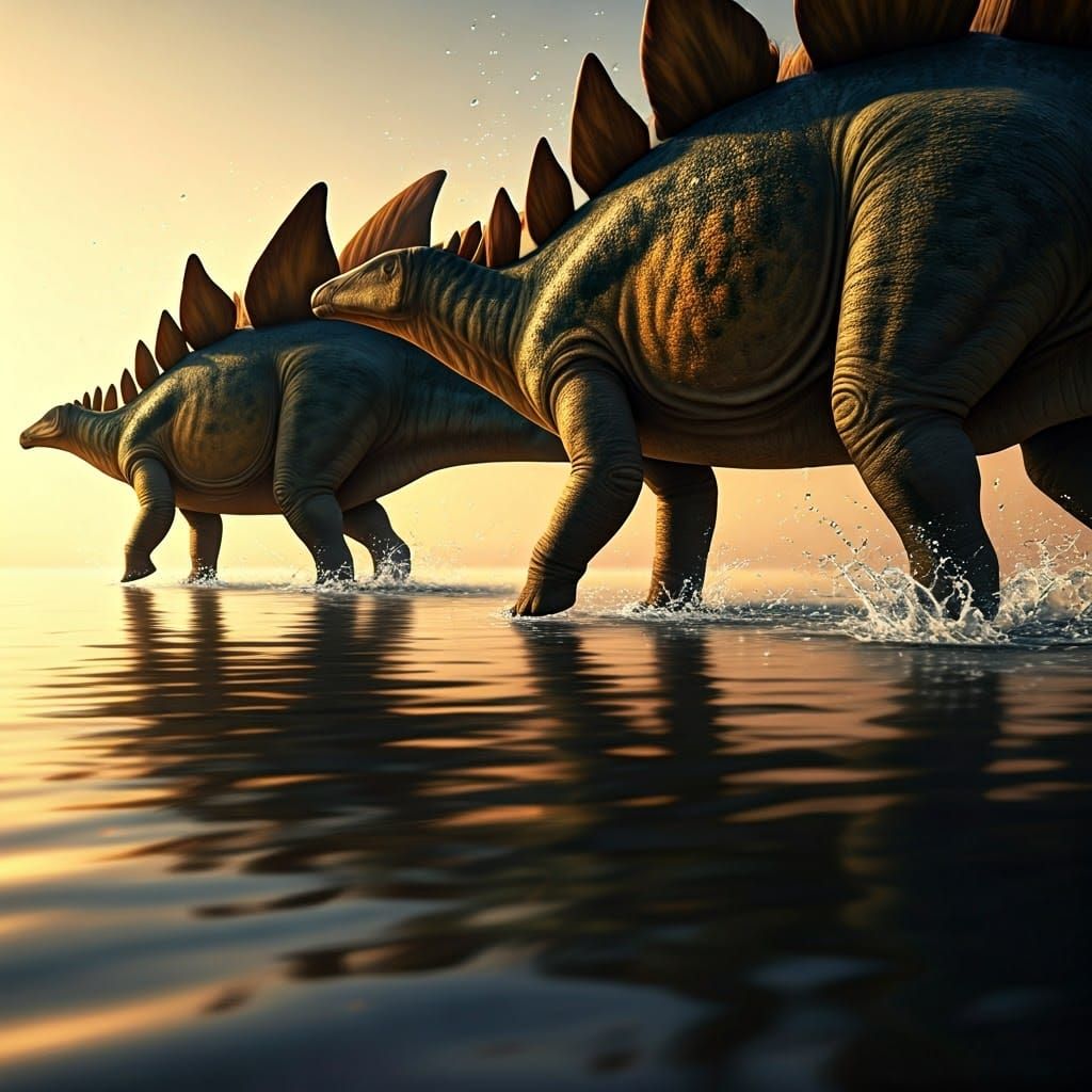 Hyper-Realistic Stegosaurus Herd Crosses Serene River at Sun...