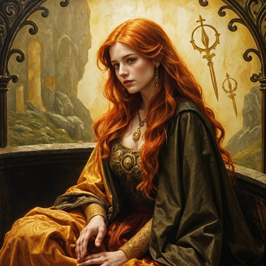 Redhead Celtic Princess in Opulent Silk Tapestry