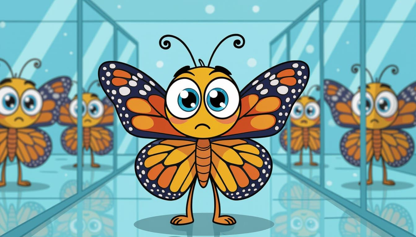 Confused Cartoon Butterfly in Hall of Mirrors