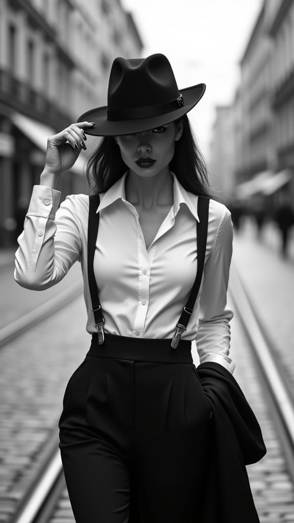 Elegant Woman in Black and White Cinematic Portrait