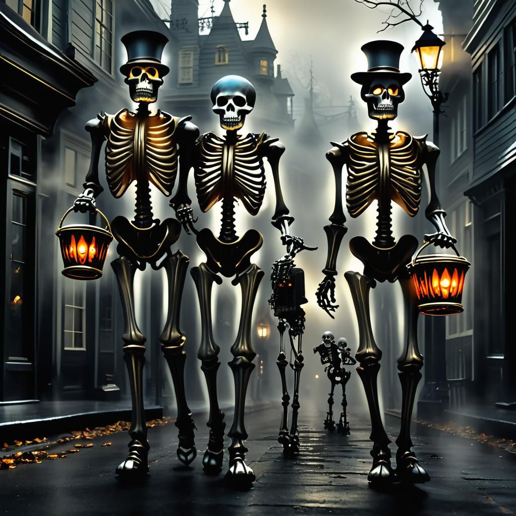 Steampunk Skeletons Trick-or-Treating on Victorian Street