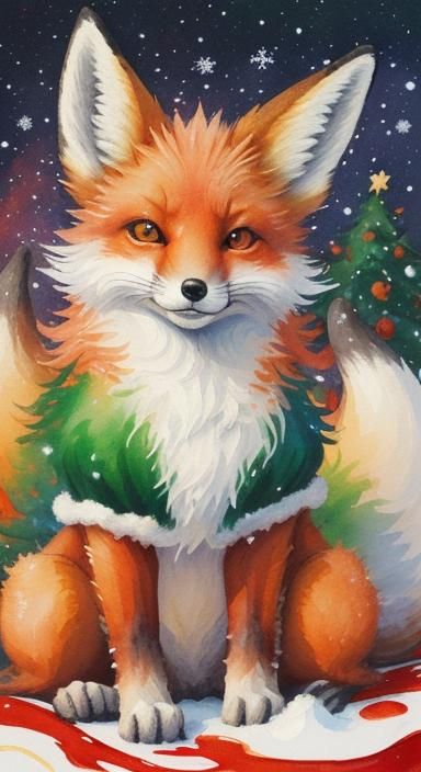 Cute Christmas Fox in Gouache Watercolor Style