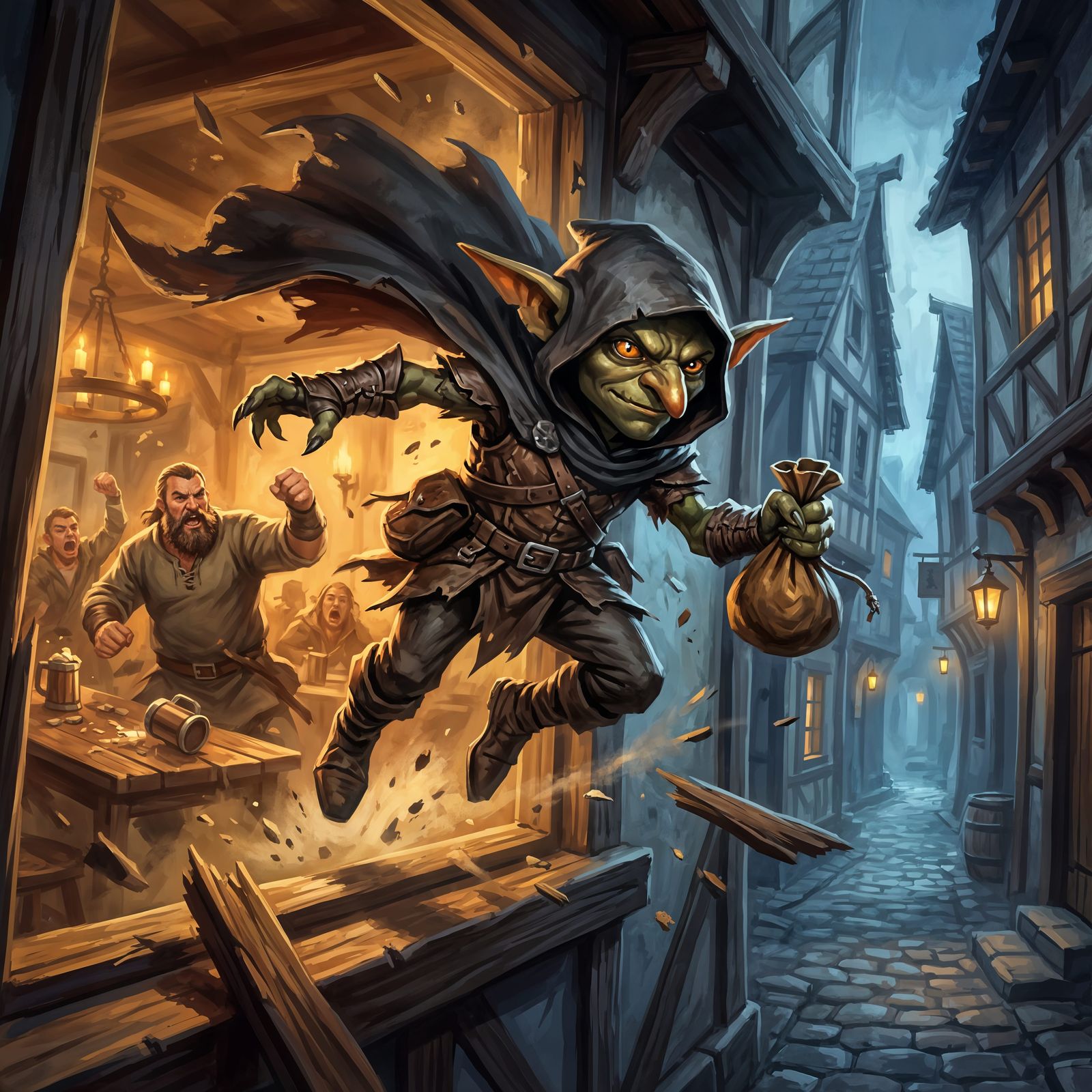 Goblin Rogue Escapes Tavern Window with Stolen Coins