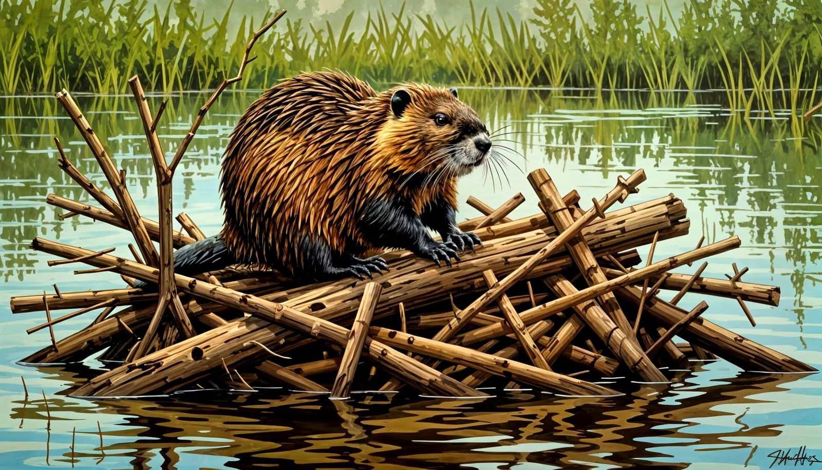A North American Beaver is working on top of his den.