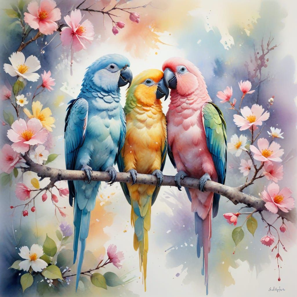 Pastel Parrots in Impressionist Watercolor Painting