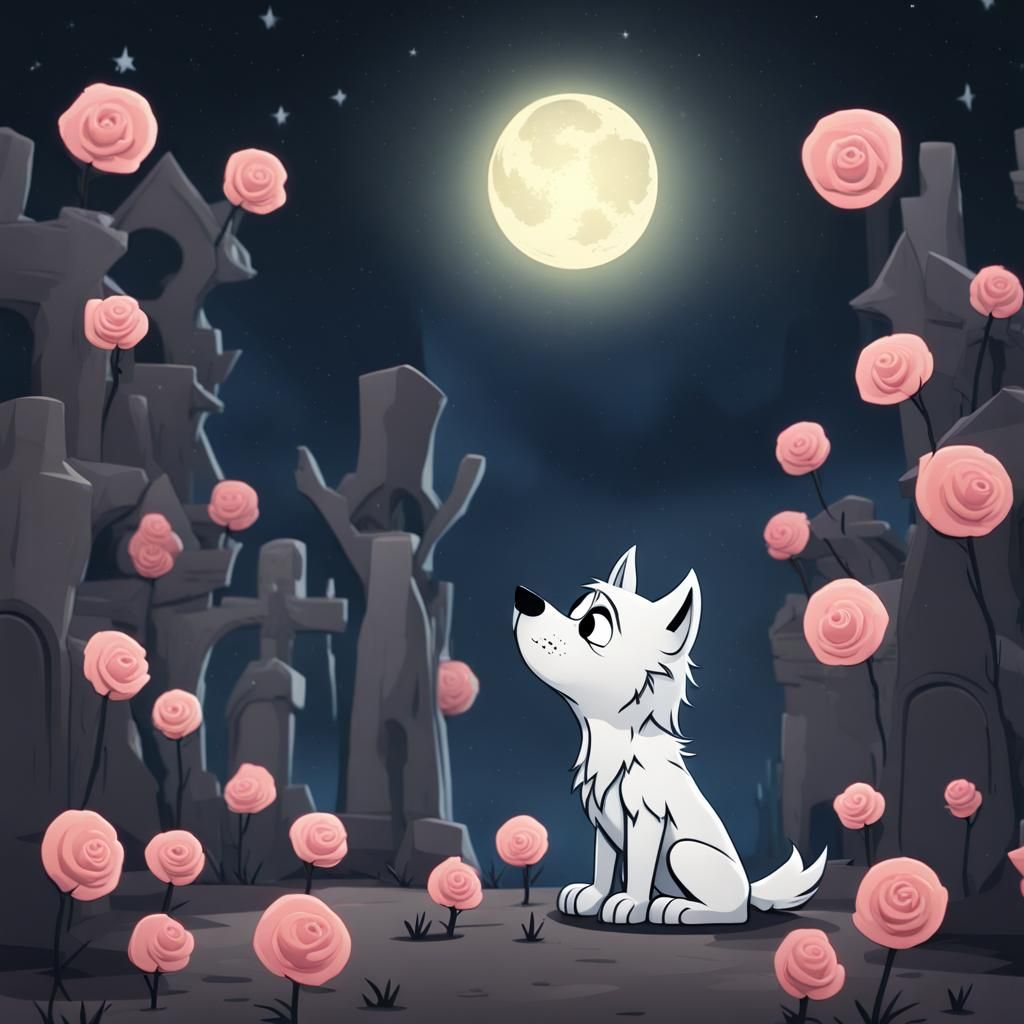 Chibi Pixar Wolf Howling at Moon in Cemetery