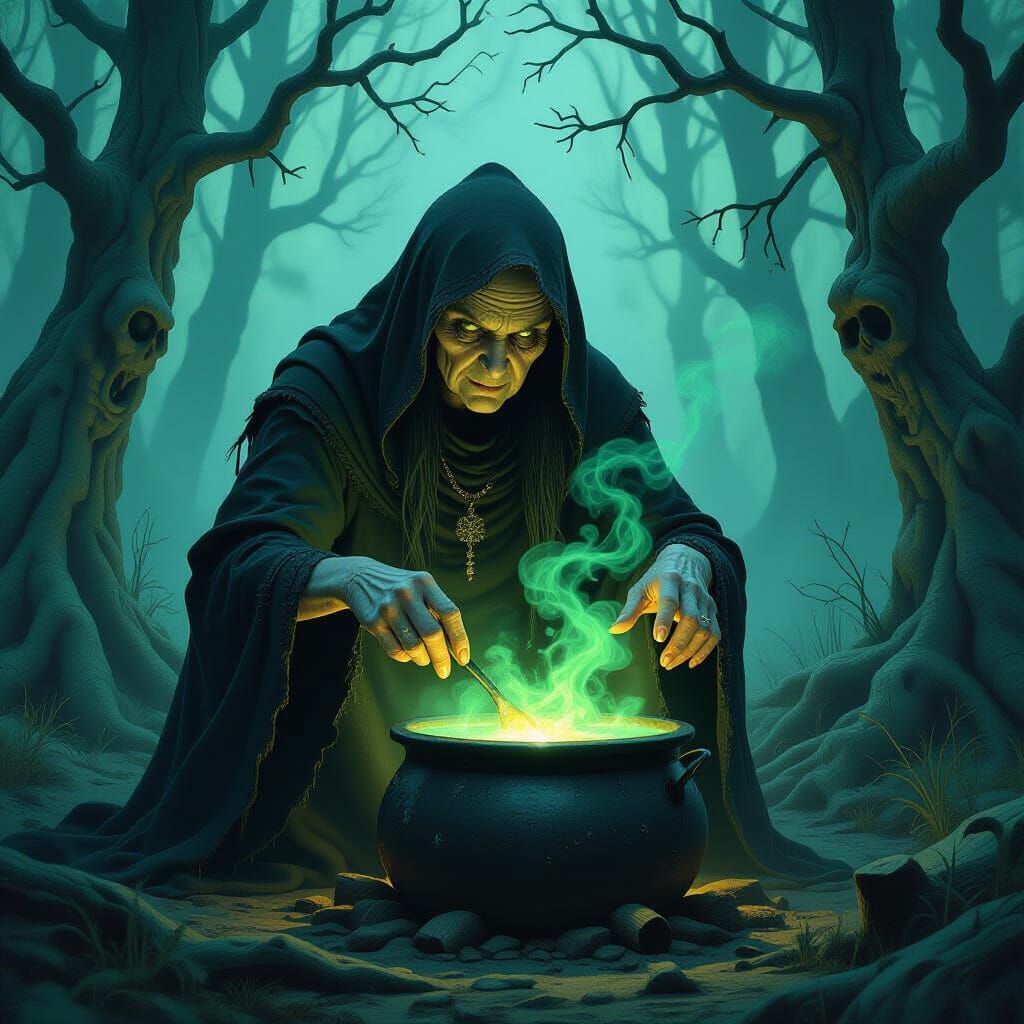 Sinister Hag Stirring Cauldron in Dark Fantasy Style