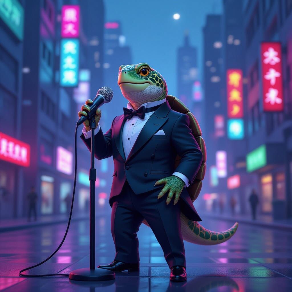 Singing Turtle in Tuxedo: Futuristic Digital Art