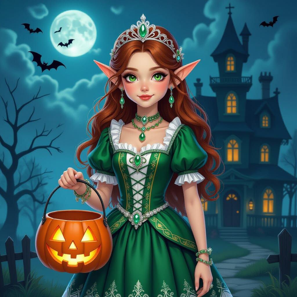 Elf Girl with Jack-o'-Lantern Before Haunted House