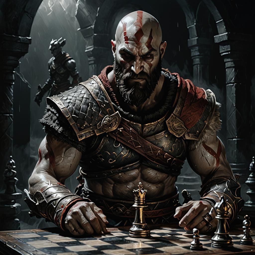 Kratos in Intense Chess Match as Dark Fantasy Oil Painting