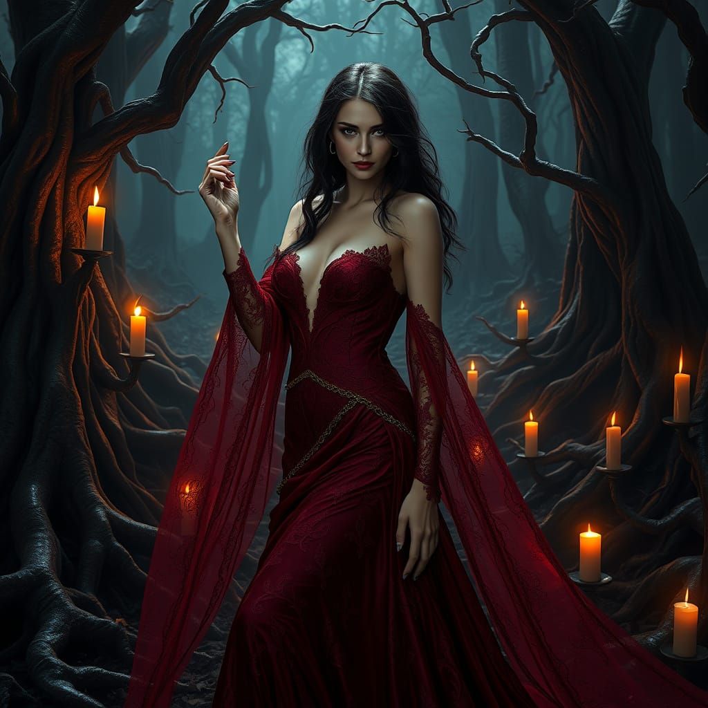 Seductive Lilith in Dark Red Gown, Biomechanical Surrealism