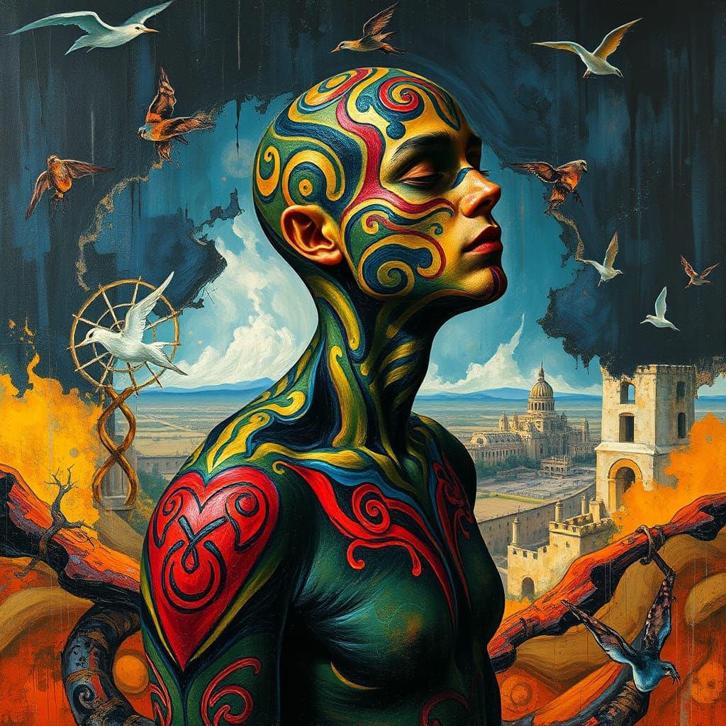 Vibrant Body Paint with Celtic Motifs in Impasto Style