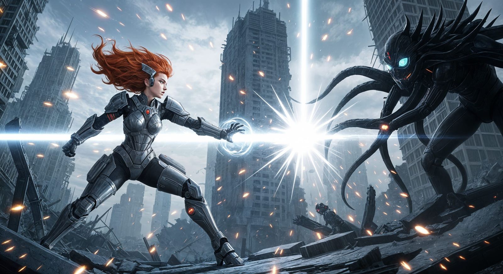 Fashion Model in Power Armor Unleashes Energy Beam