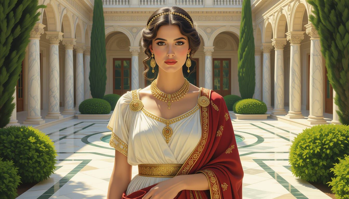 Elegant Roman Woman in Marble Courtyard