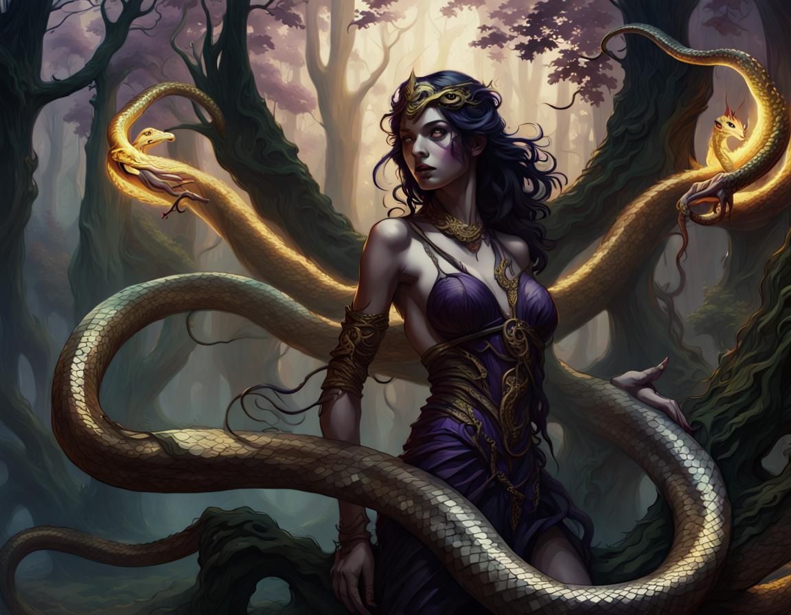 Golden Snake Fairy Versus Serpent in Dark Fantasy Art