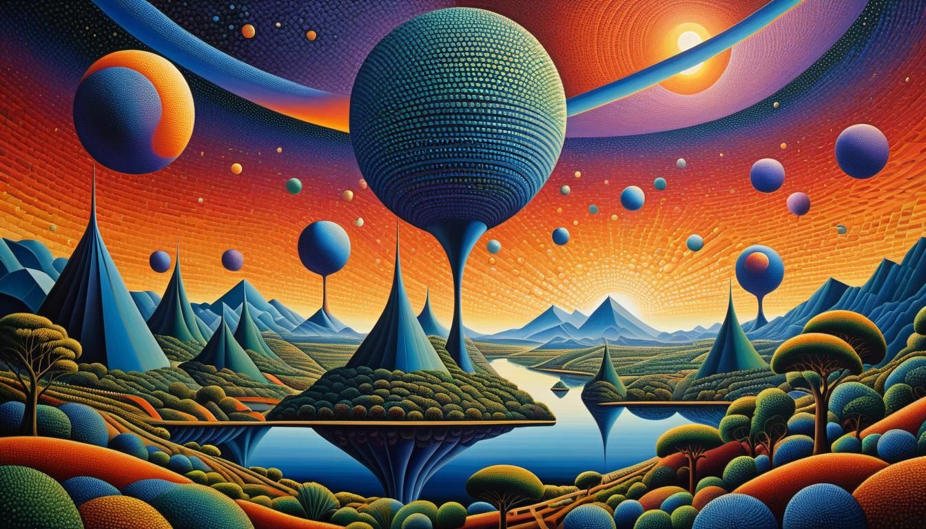 Surreal pointillism maximalist alien planetary landscape