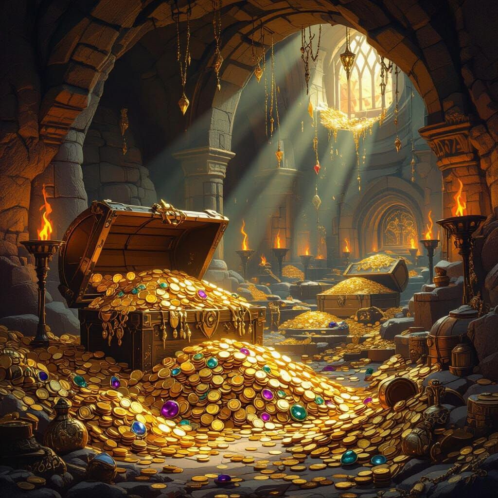 Fantasy Treasure Vault Filled with Gold and Relics