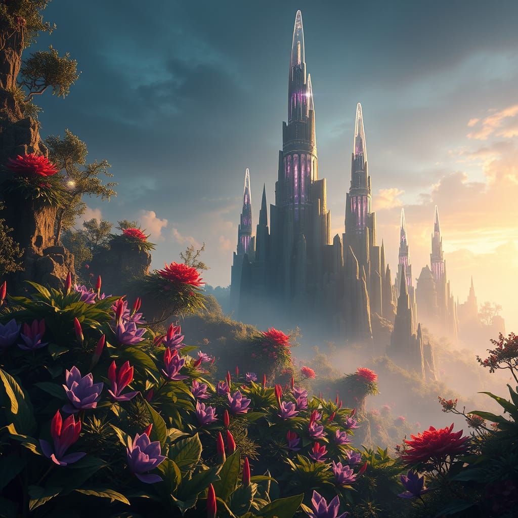 Lush Fantasy Realm with Vibrant Foliage and Crystal Spires