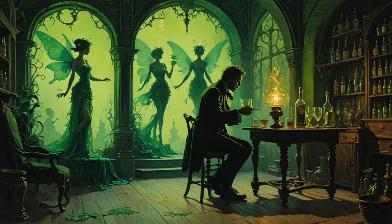 Green Fairy Visits Writer: Oil Painting