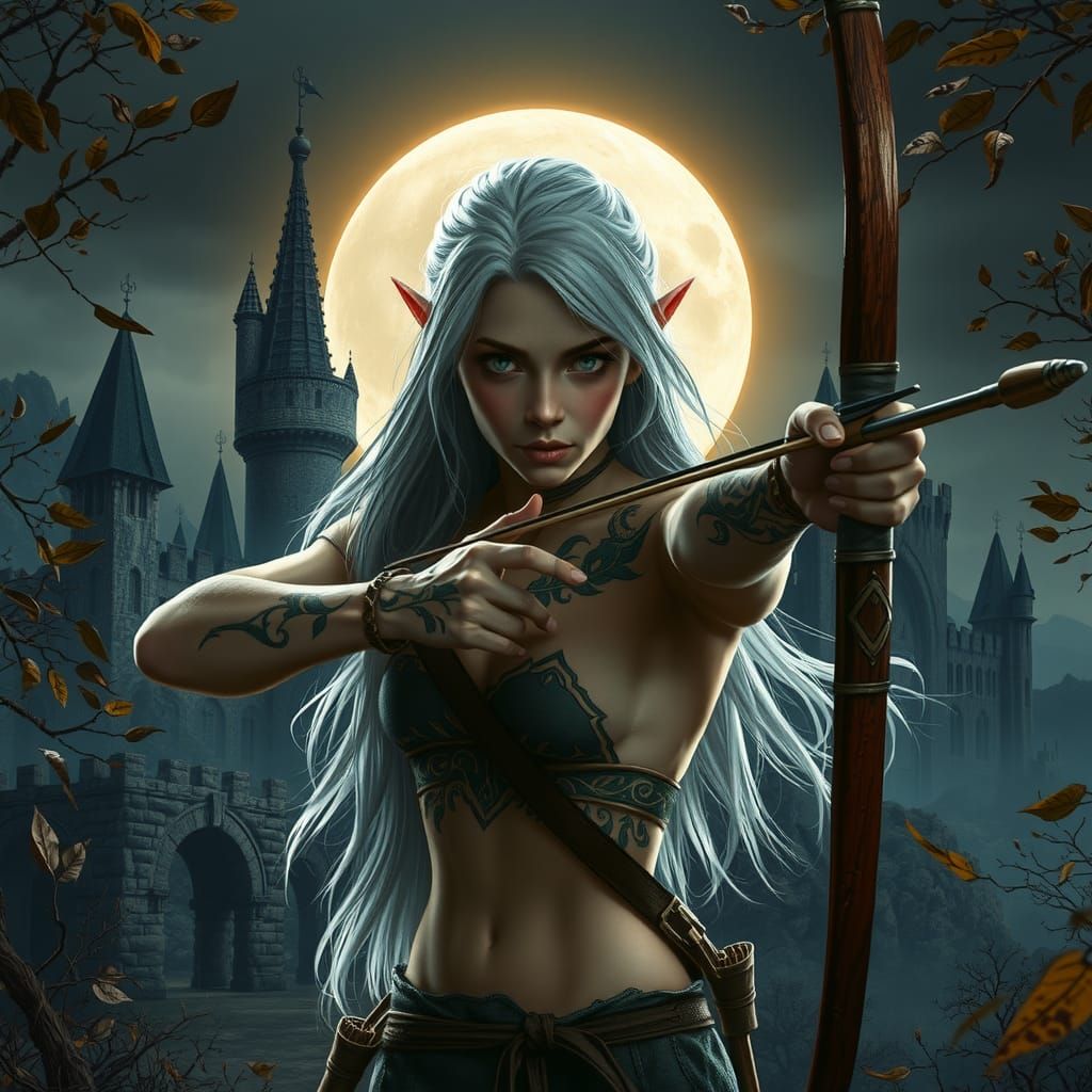 Medieval themed,Young female elf, silver hair, tribal tattoos