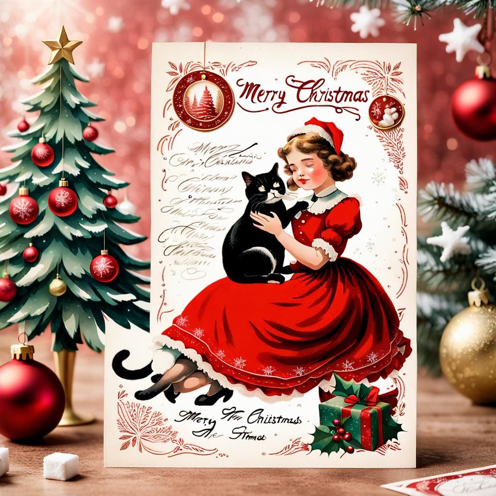Victorian Christmas Cheer, Girl and Cat in Red Dress