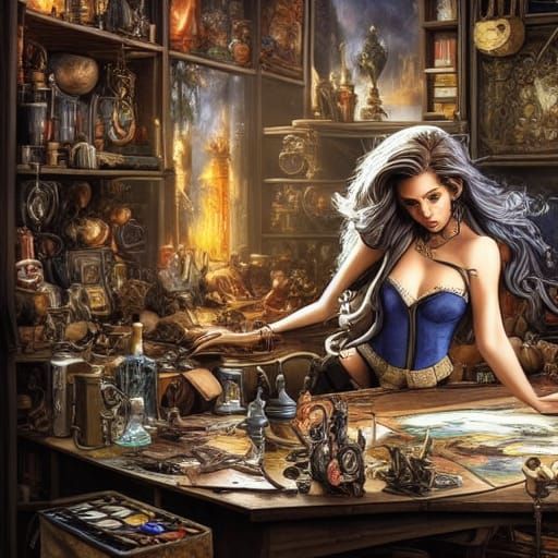 Cluttered Alchemist's Workshop in Maximalist Style