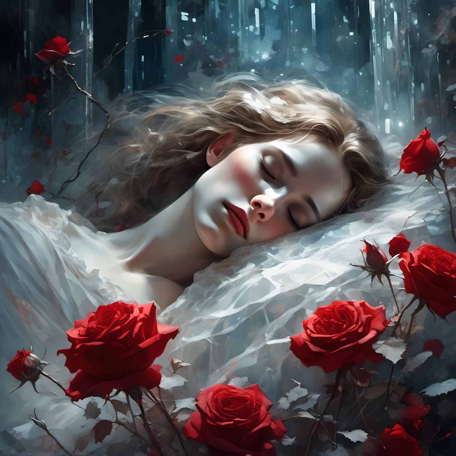 Sleeping Beauty in Crystal Sarcophagus with Roses
