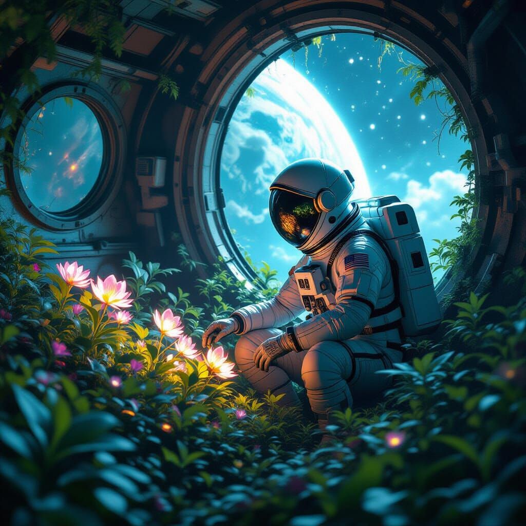 Astronaut's Bioluminescent Garden in Derelict Spaceship