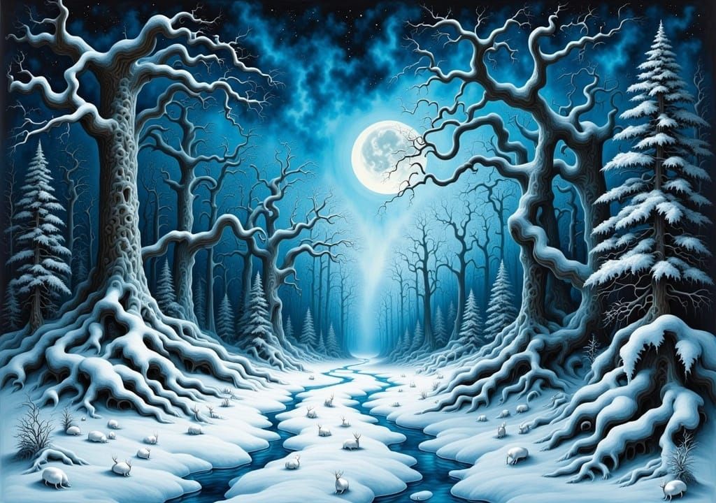 Ethereal Winter Forest Path in Surreal Ink Wash Style