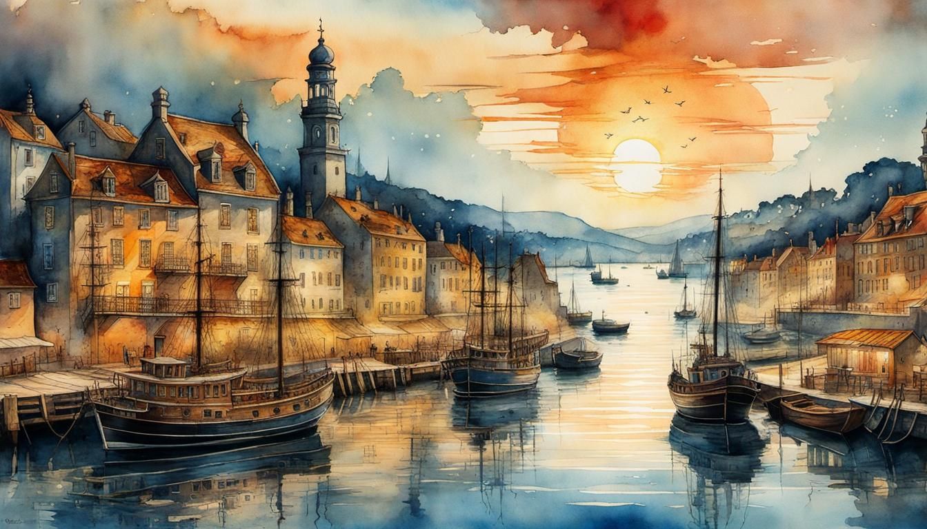 Harbor Sunset in Renaissance Double Exposure Style