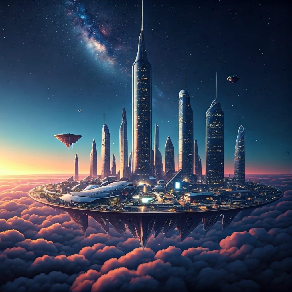 Futuristic metropolis levitating majestically upon a sea of ...