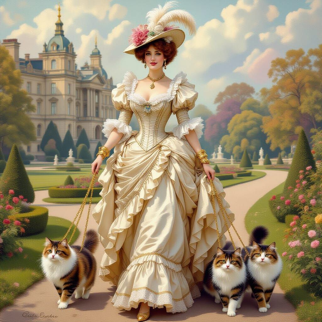 Baroness with Cats in Palace Park, Digital Painting