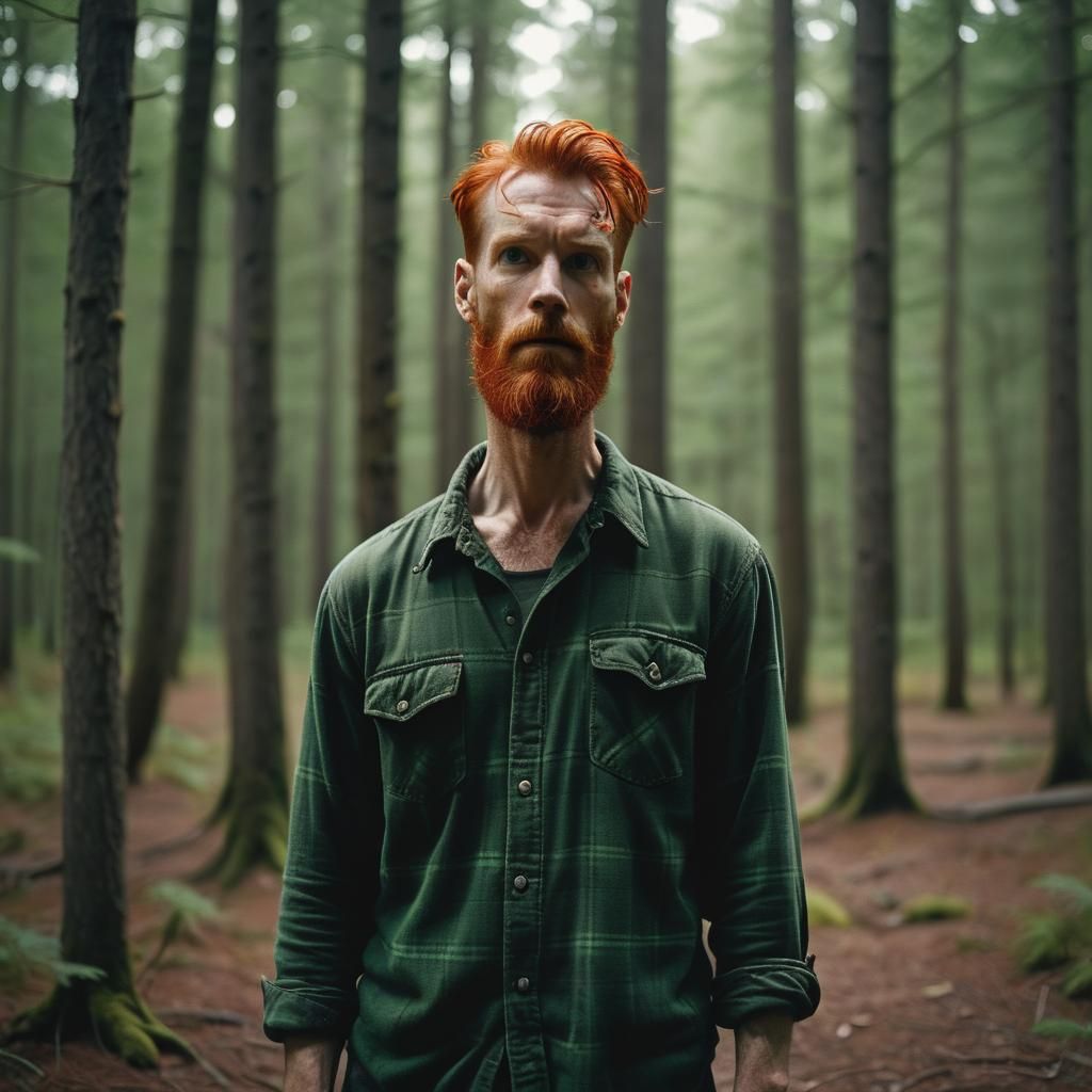 Red Haired Man in Green Flannel, Forest Scene