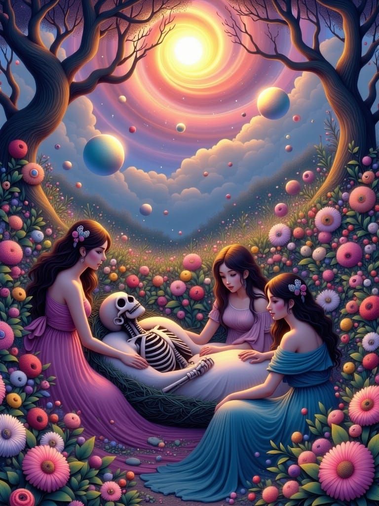 Grim Reaper Relaxing with Women in Ethereal Garden