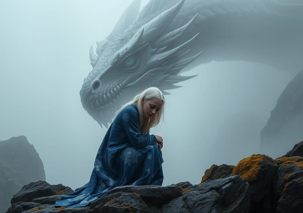 Woman and Dragon in Misty Landscape
