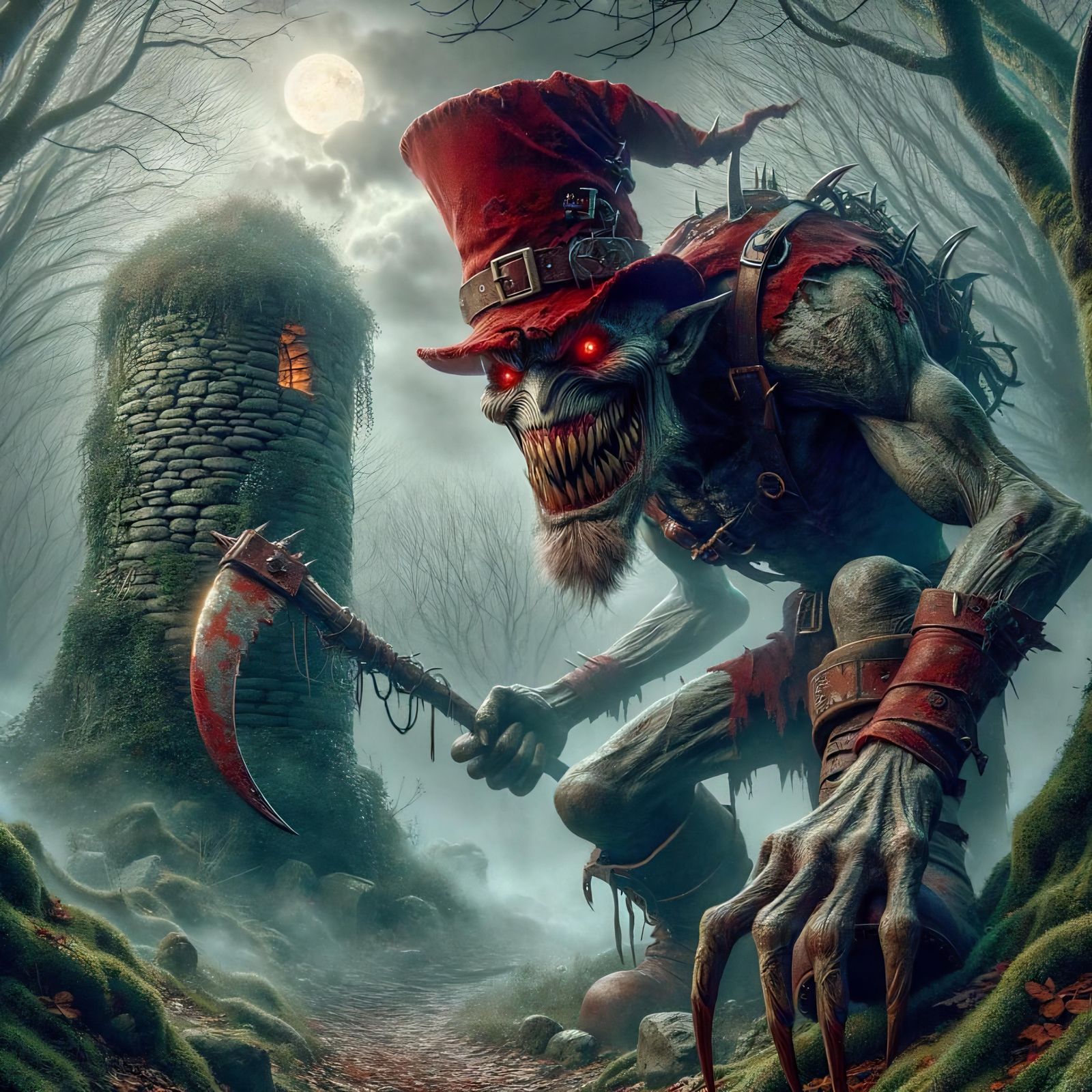 Redcap in Mist-Shrouded Forest Under Moonlight