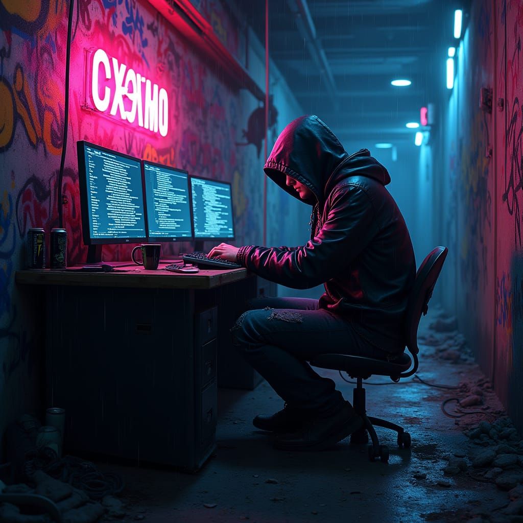 Gritty Cyberpunk Hacker in a Hidden, Neon-Lit Lair